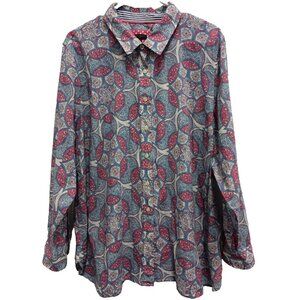 Talbots Womens BOHO Shirt Size 2X Pink Blue Floral Long Sleeve Button Front